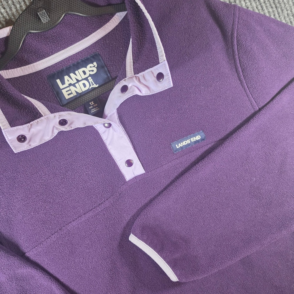 Lands End Fleece Pullover Women 1X Purple Excellent Quarter Snap Mock Neck